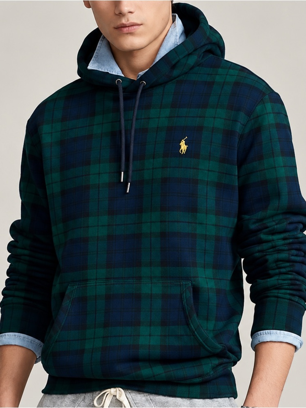 Ralph Lauren Men’s Green & Navy Tartan Plaid Hooded Sweatshirt Size Medium